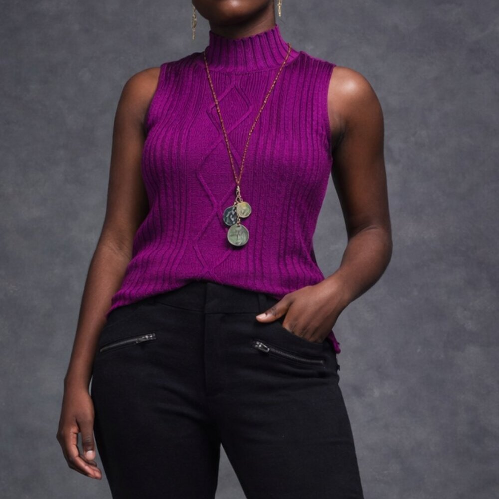 Unbranded - Magenta Ribbed Sleeveless Mock Turtleneck Sweater - Womens S